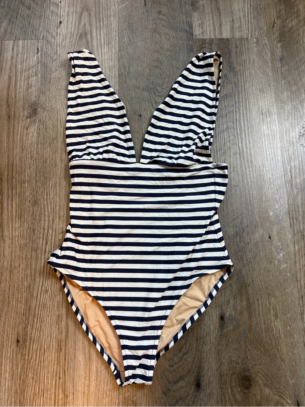 J.Crew Navy White Striped One Piece Swimsuit Plunge V Neck Size 12